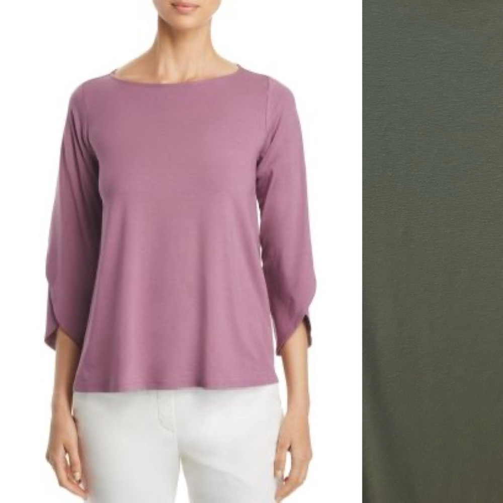Eileen Fischer Tulip Sleeve Split 3/4 Sleeve Work Dressy Top Tee S Dusty Green